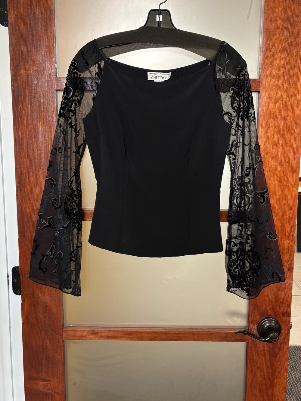 Chetta B Black Sheer Embroidered-Sleeve Blouse